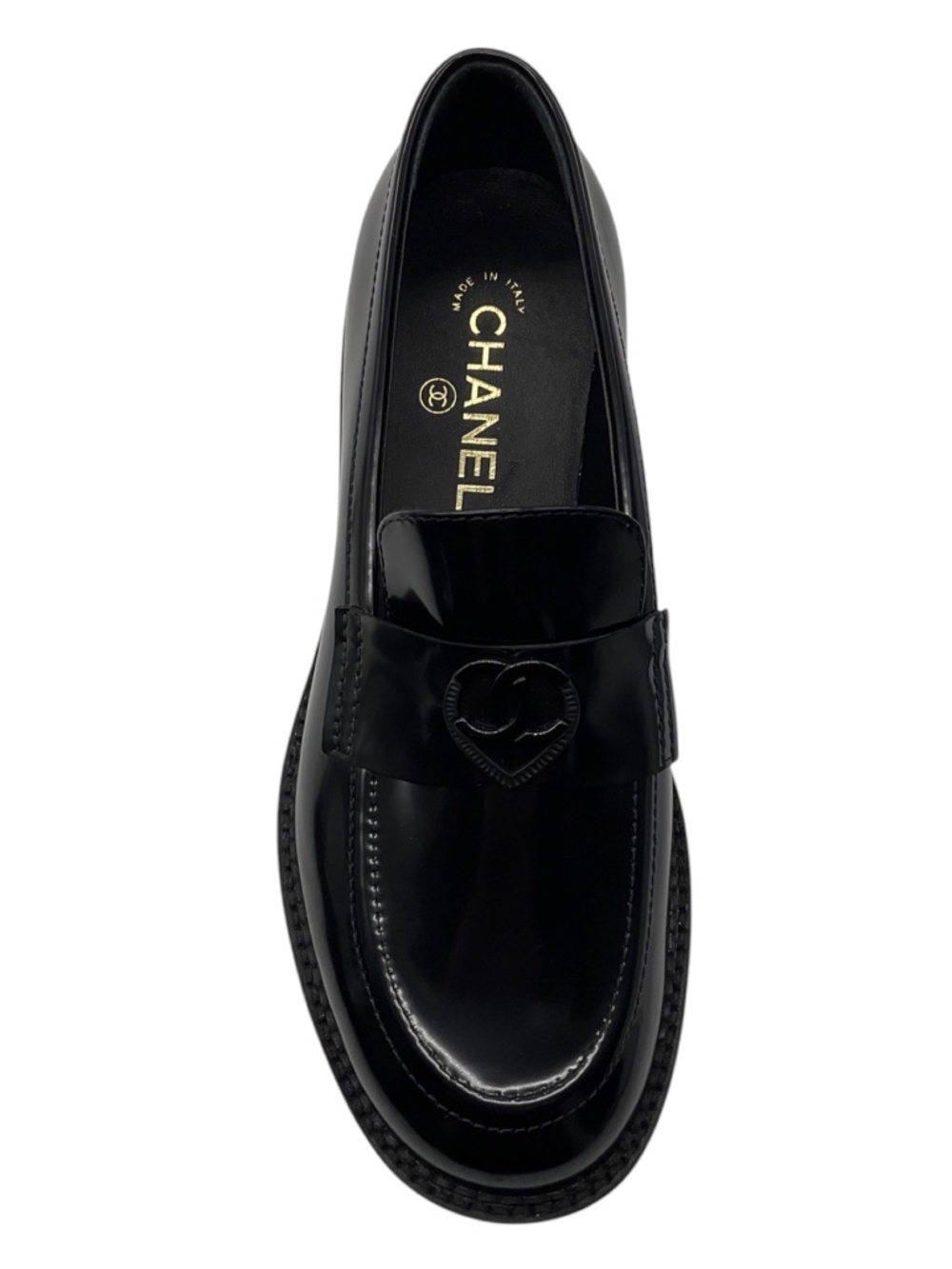 CHANEL BLACK 2024 CC LOGO HEART CLASSIC SHINY CALFSKIN MOCCASINS / LOAFERS - Picture 4 of 11